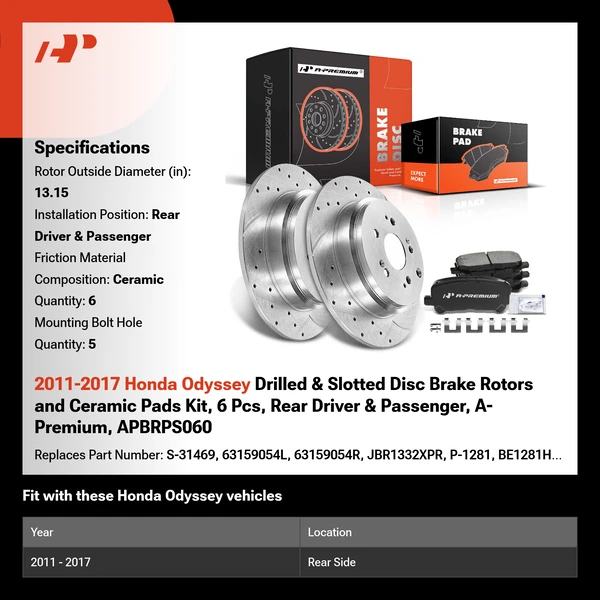 2011-2017 Honda Odyssey Drilled & Slotted Disc Brake Rotors and Ceramic Pads Kit, 6 Pcs, Rear Driver & Passenger, A-Premium, APBRPS060