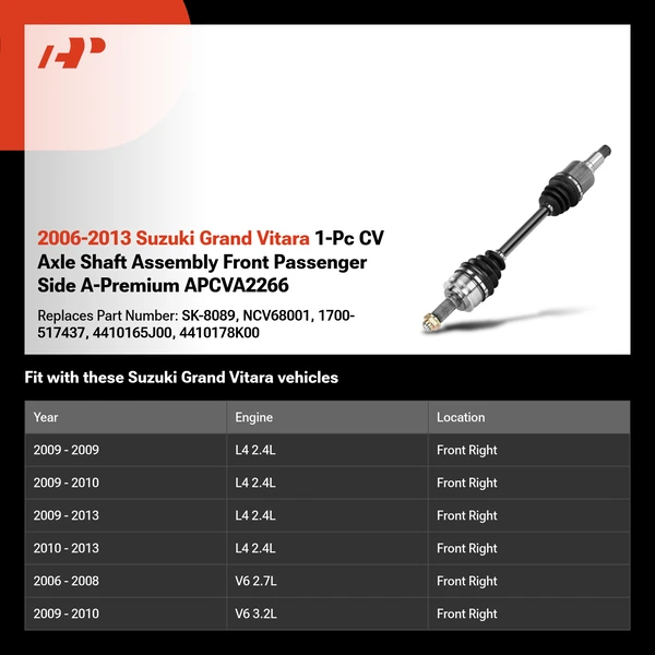 2006-2013 Suzuki Grand Vitara 1-Pc CV Axle Shaft Assembly Front Passenger Side A-Premium APCVA2266