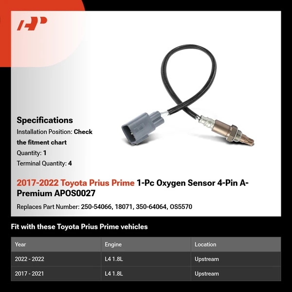 2017-2022 Toyota Prius Prime 1-Pc Oxygen Sensor 4-Pin A-Premium APOS0027
