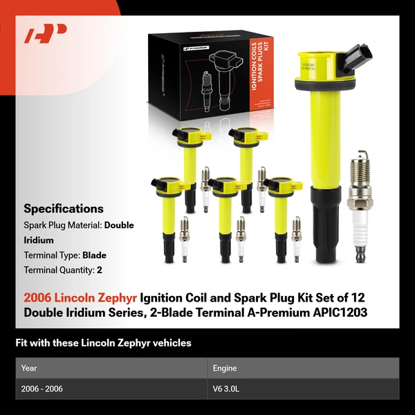 2006 Lincoln Zephyr Ignition Coil and Spark Plug Kit Set of 12 Double Iridium Series, 2-Blade Terminal A-Premium APIC1203