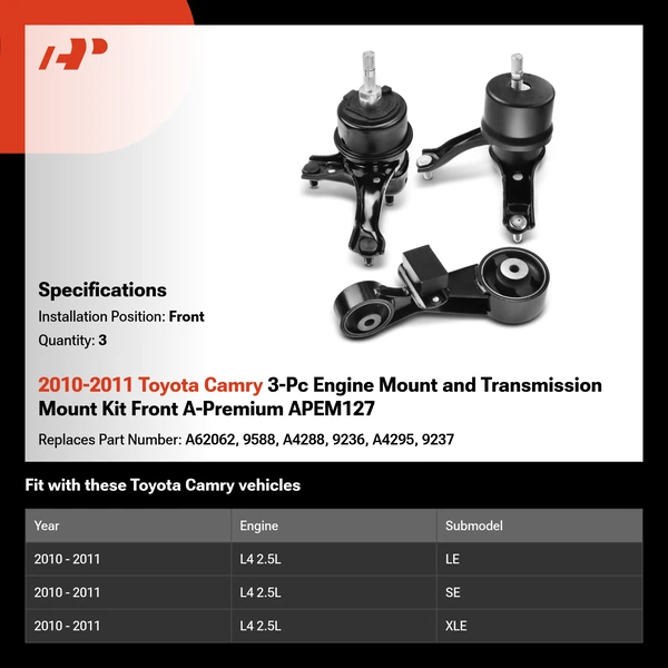 2010-2011 Toyota Camry 3-Pc Engine Mount and Transmission Mount Kit Front A-Premium APEM127
