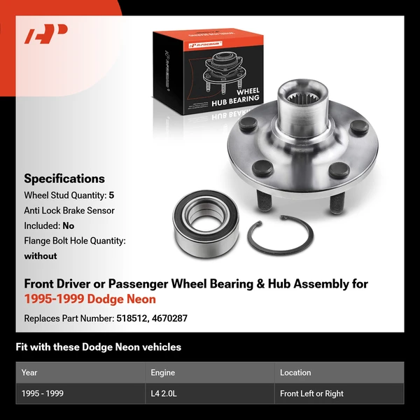 Front Driver or Passenger Wheel Bearing & Hub Assembly for 1995-1999 Dodge Neon