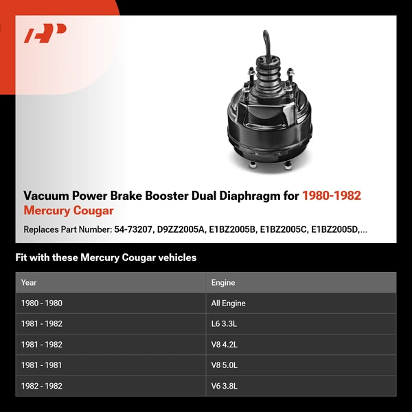 Vacuum Power Brake Booster Dual Diaphragm for 1980-1982 Mercury Cougar
