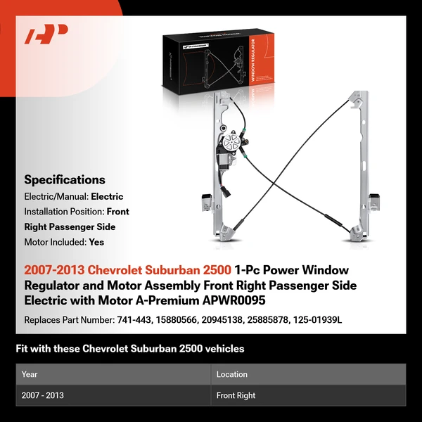 2007-2013 Chevrolet Suburban 2500 1-Pc Power Window Regulator and Motor Assembly Front Right Passenger Side Electric with Motor A-Premium APWR0095