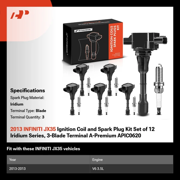 2013 INFINITI JX35 Ignition Coil and Spark Plug Kit Set of 12 Iridium Series, 3-Blade Terminal A-Premium APIC0620