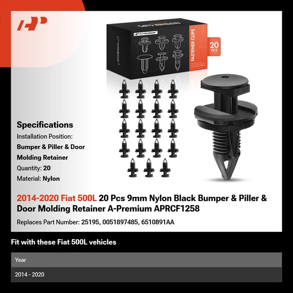 2014-2020 Fiat 500L 20 Pcs 9mm Nylon Black Bumper & Piller & Door Molding Retainer A-Premium APRCF1258