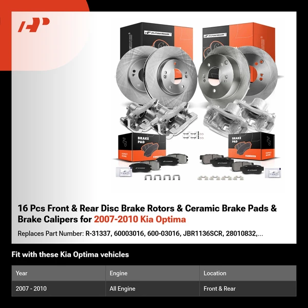 16 Pcs Front & Rear Disc Brake Rotors & Ceramic Brake Pads & Brake Calipers for 2007-2010 Kia Optima