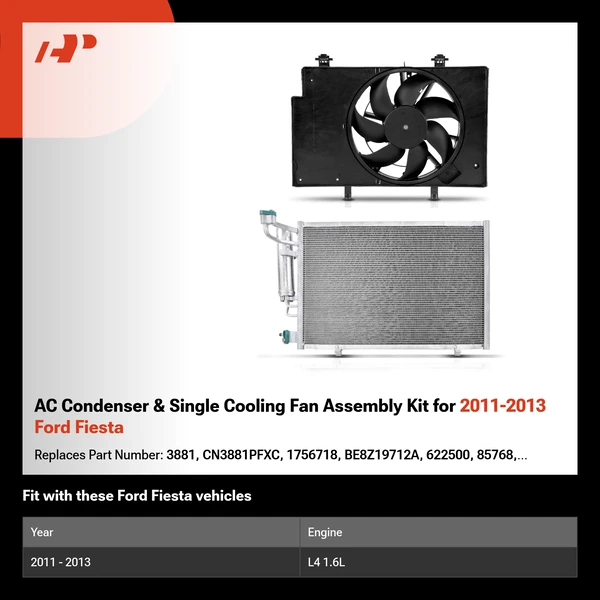 AC Condenser & Single Cooling Fan Assembly Kit for 2011-2013 Ford Fiesta