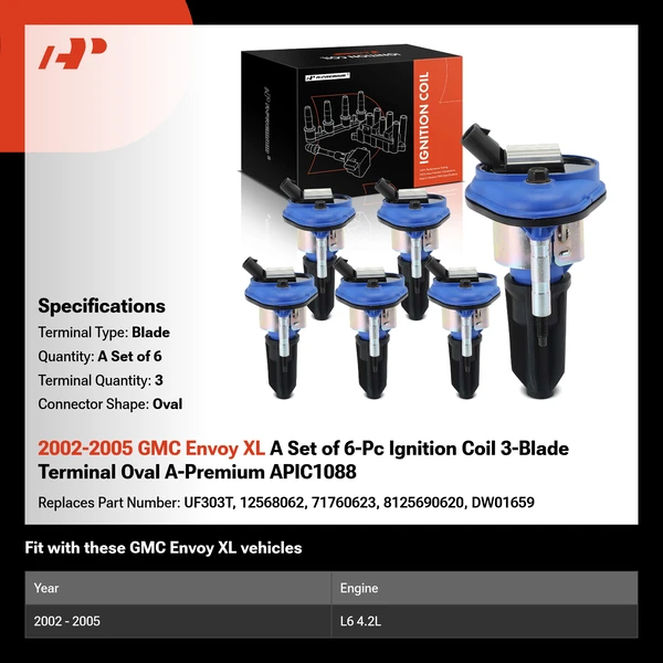 2002-2005 GMC Envoy XL A Set of 6-Pc Ignition Coil 3-Blade Terminal Oval A-Premium APIC1088