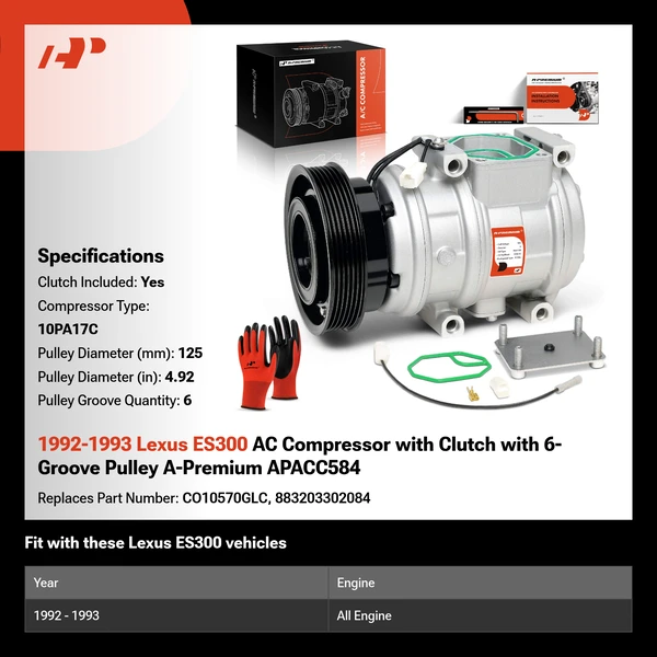 1992-1993 Lexus ES300 AC Compressor with Clutch with 6-Groove Pulley A-Premium APACC584