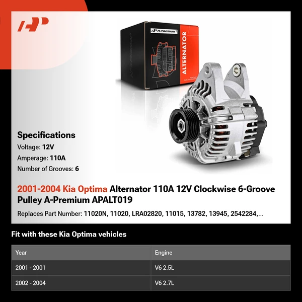 2001-2004 Kia Optima Alternator 110A 12V Clockwise 6-Groove Pulley A-Premium APALT019