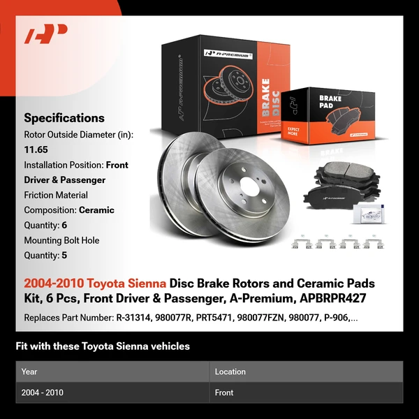 2004-2010 Toyota Sienna Disc Brake Rotors and Ceramic Pads Kit, 6 Pcs, Front Driver & Passenger, A-Premium, APBRPR427