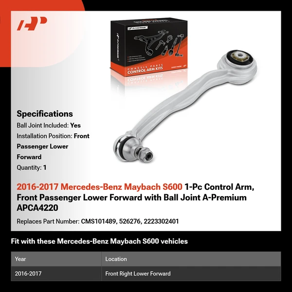 2016-2017 Mercedes-Benz Maybach S600 1-Pc Control Arm, Front Passenger Lower Forward with Ball Joint A-Premium APCA4220