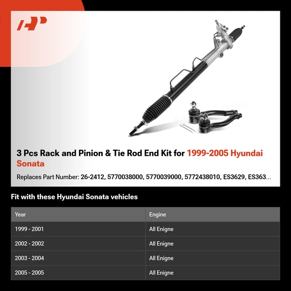 3 Pcs Rack and Pinion & Tie Rod End Kit for 1999-2005 Hyundai Sonata