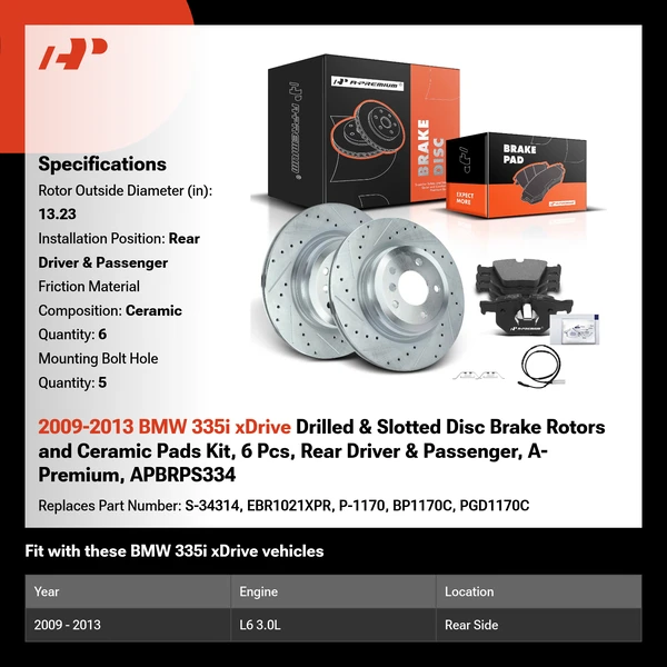 2009-2013 BMW 335i xDrive Drilled & Slotted Disc Brake Rotors and Ceramic Pads Kit, 6 Pcs, Rear Driver & Passenger, A-Premium, APBRPS334