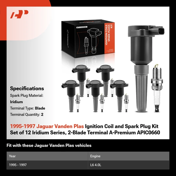 1995-1997 Jaguar Vanden Plas Ignition Coil and Spark Plug Kit Set of 12 Iridium Series, 2-Blade Terminal A-Premium APIC0660