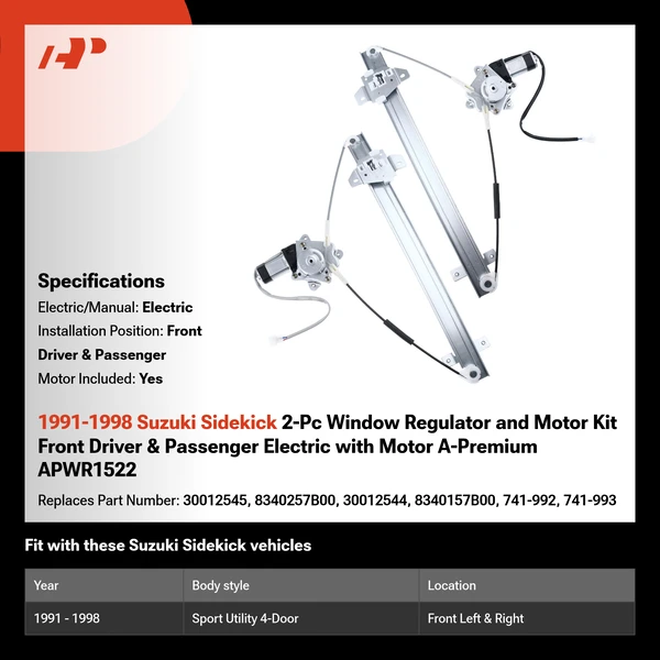1991-1998 Suzuki Sidekick 2-Pc Window Regulator and Motor Kit Front Driver & Passenger Electric with Motor A-Premium APWR1522