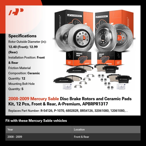 2008-2009 Mercury Sable Disc Brake Rotors and Ceramic Pads Kit, 12 Pcs, Front & Rear, A-Premium, APBRPR1317