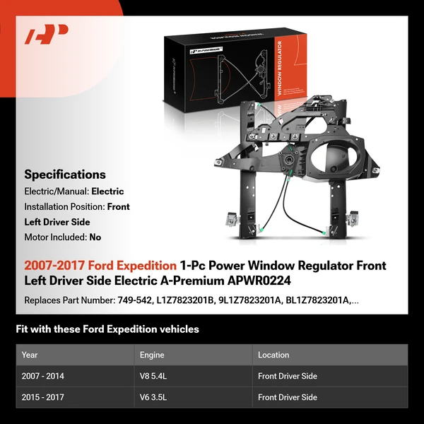 2007-2017 Ford Expedition 1-Pc Power Window Regulator Front Left Driver Side Electric A-Premium APWR0224