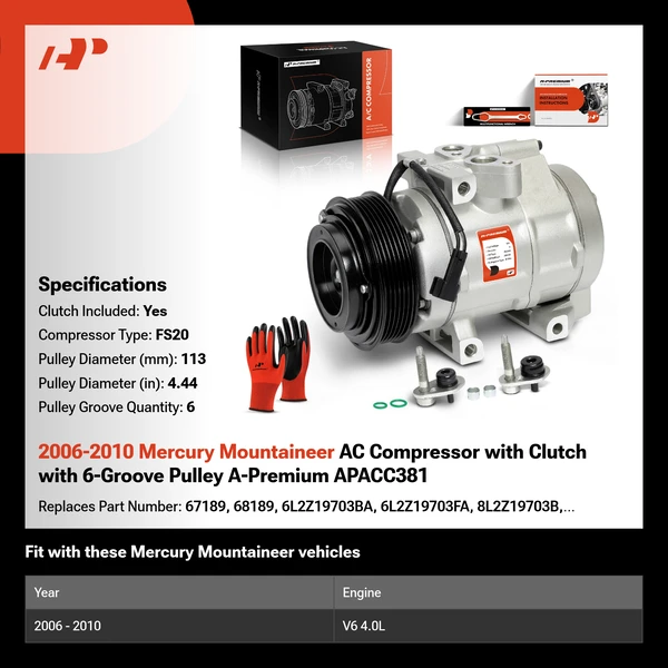 2006-2010 Mercury Mountaineer AC Compressor with Clutch with 6-Groove Pulley A-Premium APACC381