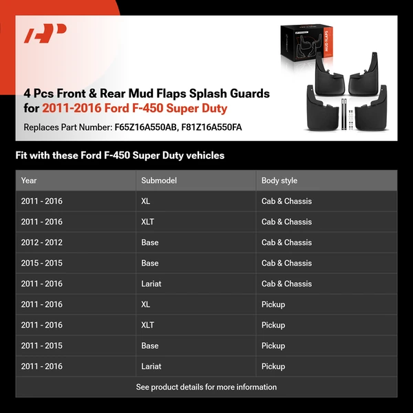 4 Pcs Front & Rear Mud Flaps Splash Guards for 2011-2016 Ford F-450 Super Duty