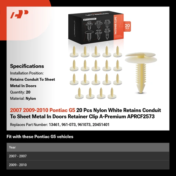 2007 2009-2010 Pontiac G5 20 Pcs Nylon White Retains Conduit To Sheet Metal In Doors Retainer Clip A-Premium APRCF2573