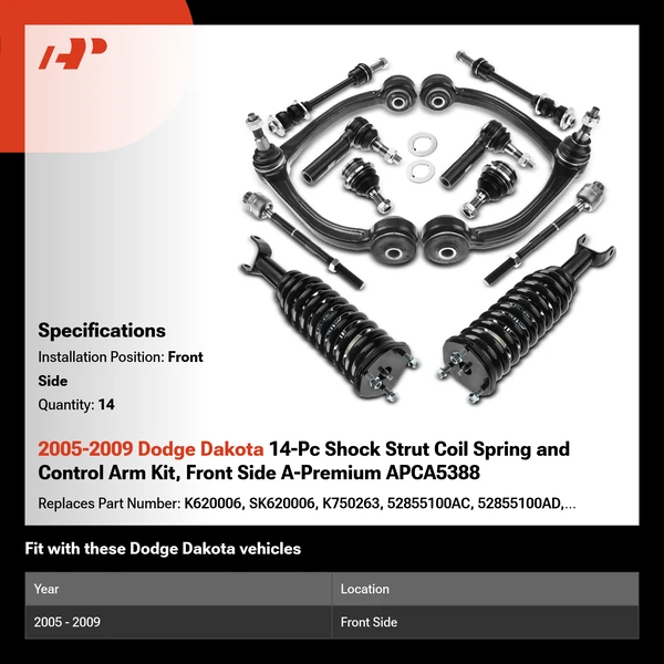2005-2009 Dodge Dakota 14-Pc Shock Strut Coil Spring and Control Arm Kit, Front Side A-Premium APCA5388