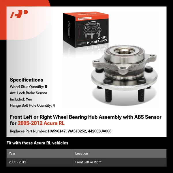 Front Left or Right Wheel Bearing Hub Assembly with ABS Sensor for 2005-2012 Acura RL