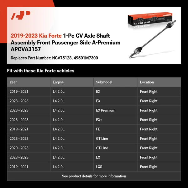 2019-2023 Kia Forte 1-Pc CV Axle Shaft Assembly Front Passenger Side A-Premium APCVA3157