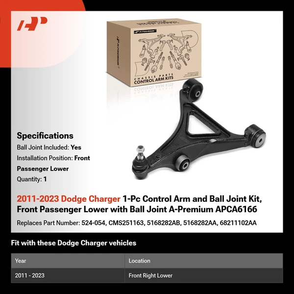 2011-2023 Dodge Charger 1-Pc Control Arm and Ball Joint Kit, Front Passenger Lower with Ball Joint A-Premium APCA6166
