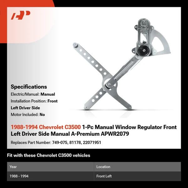 1988-1994 Chevrolet C3500 1-Pc Manual Window Regulator Front Left Driver Side Manual A-Premium APWR2079