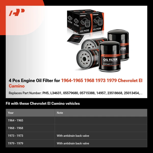 4 Pcs Engine Oil Filter for 1964-1965 1968 1973 1979 Chevrolet El Camino