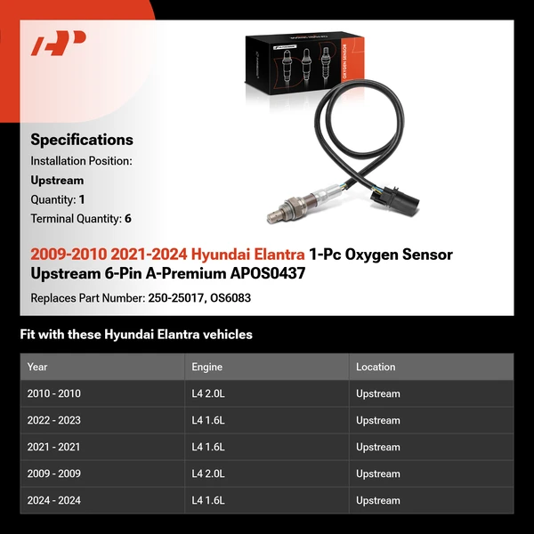 2009-2010 2021-2024 Hyundai Elantra 1-Pc Oxygen Sensor Upstream 6-Pin A-Premium APOS0437