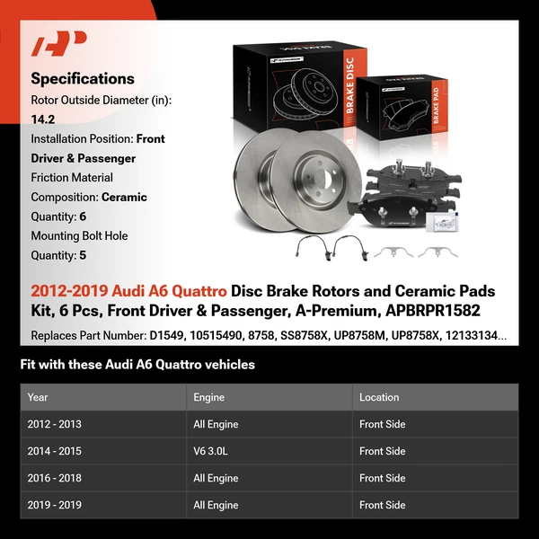 2012-2019 Audi A6 Quattro Disc Brake Rotors and Ceramic Pads Kit, 6 Pcs, Front Driver & Passenger, A-Premium, APBRPR1582