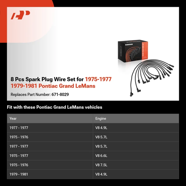 8 Pcs Spark Plug Wire Set for 1975-1977 1979-1981 Pontiac Grand LeMans