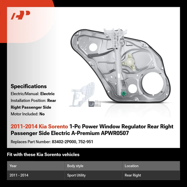 2011-2014 Kia Sorento 1-Pc Power Window Regulator Rear Right Passenger Side Electric A-Premium APWR0507