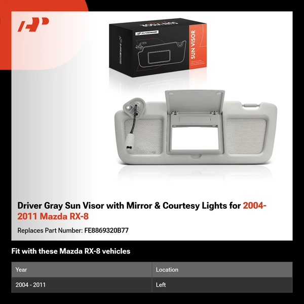Driver Gray Sun Visor with Mirror & Courtesy Lights for 2004-2011 Mazda RX-8