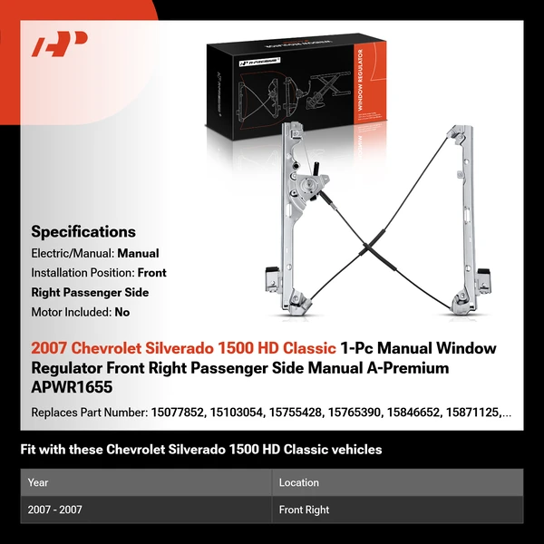 2007 Chevrolet Silverado 1500 HD Classic 1-Pc Manual Window Regulator Front Right Passenger Side Manual A-Premium APWR1655