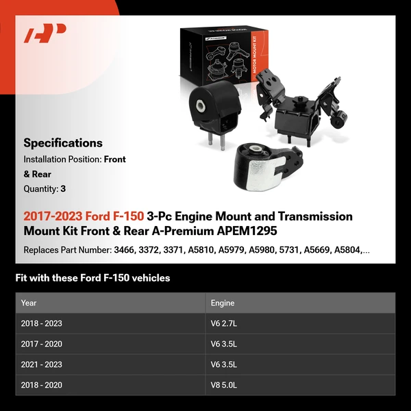 2017-2023 Ford F-150 3-Pc Engine Mount and Transmission Mount Kit Front & Rear A-Premium APEM1295