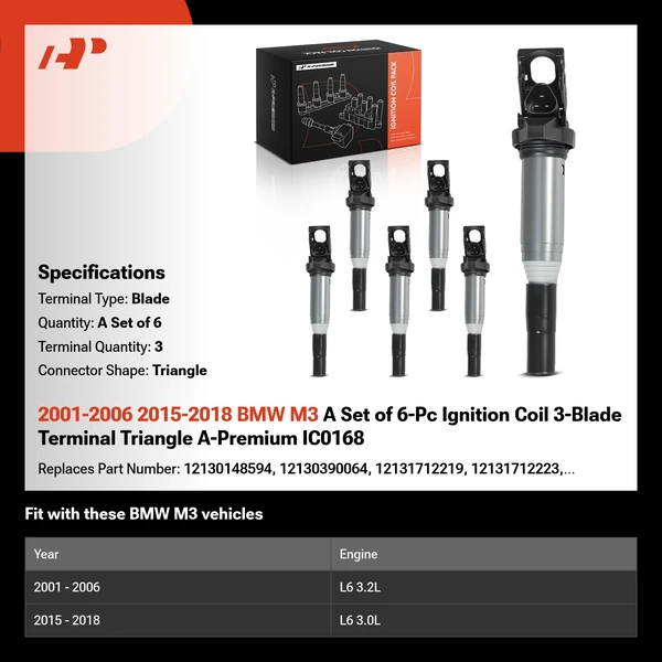 2001-2006 2015-2018 BMW M3 A Set of 6-Pc Ignition Coil 3-Blade Terminal Triangle A-Premium IC0168