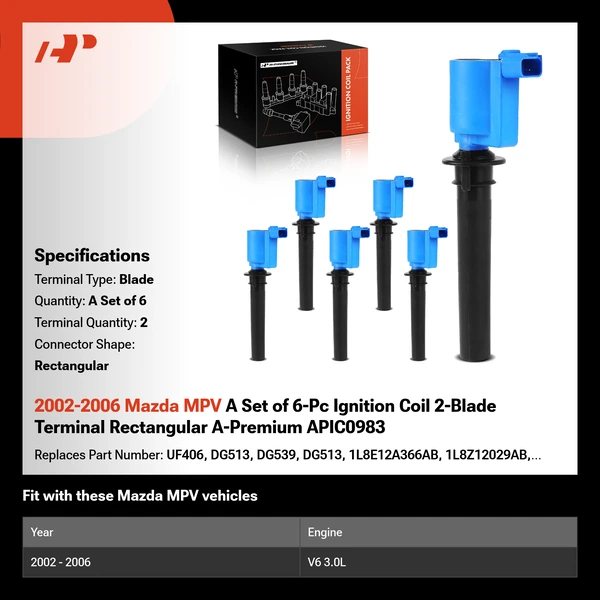 2002-2006 Mazda MPV A Set of 6-Pc Ignition Coil 2-Blade Terminal Rectangular A-Premium APIC0983