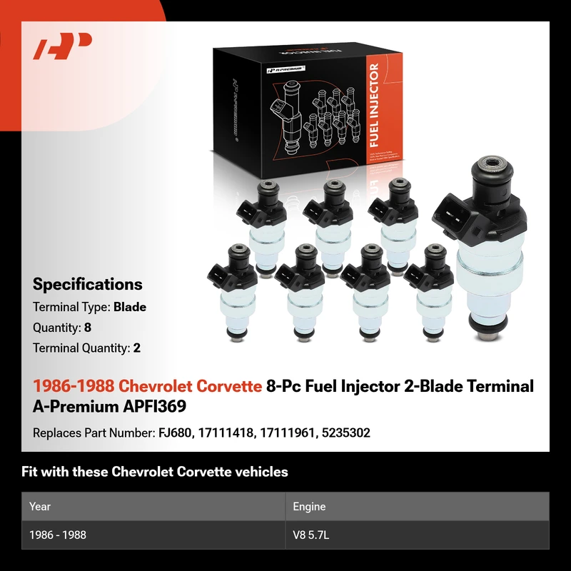 1986-1988 Chevrolet Corvette 8-Pc Fuel Injector 2-Blade Terminal A-Premium APFI369