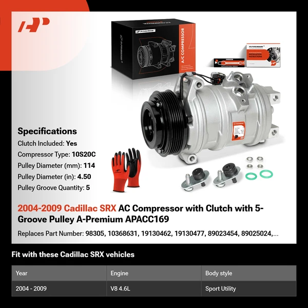 2004-2009 Cadillac SRX AC Compressor with Clutch with 5-Groove Pulley A-Premium APACC169