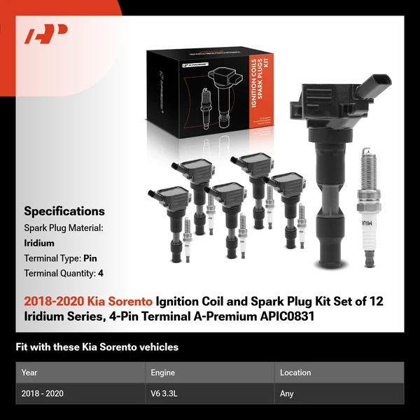 2018-2020 Kia Sorento Ignition Coil and Spark Plug Kit Set of 12 Iridium Series, 4-Pin Terminal A-Premium APIC0831