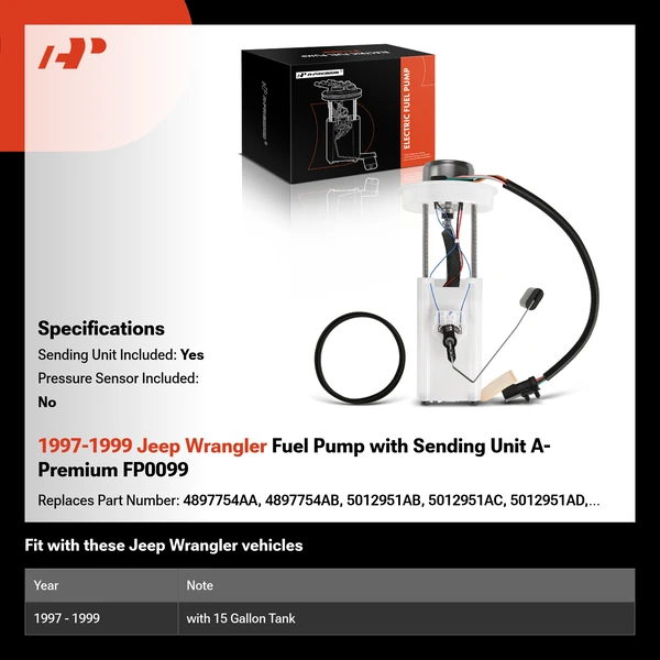 1997-1999 Jeep Wrangler Fuel Pump with Sending Unit A-Premium FP0099