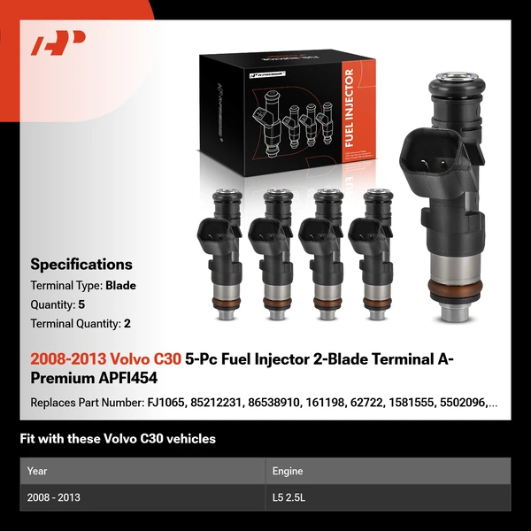 2008-2013 Volvo C30 5-Pc Fuel Injector 2-Blade Terminal A-Premium APFI454
