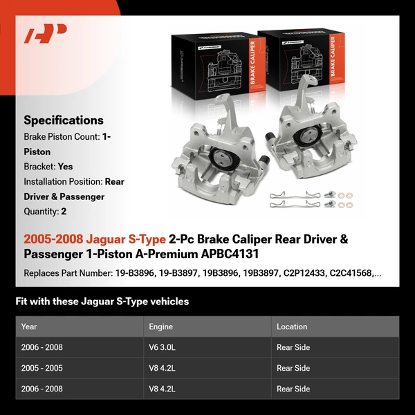 2005-2008 Jaguar S-Type 2-Pc Brake Caliper Rear Driver & Passenger 1-Piston A-Premium APBC4131