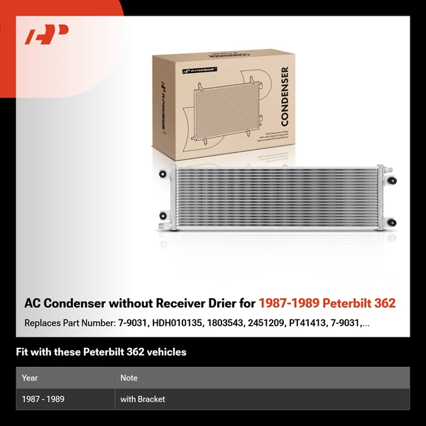 AC Condenser without Receiver Drier for 1987-1989 Peterbilt 362