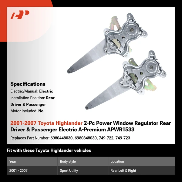 2001-2007 Toyota Highlander 2-Pc Power Window Regulator Rear Driver & Passenger Electric A-Premium APWR1533