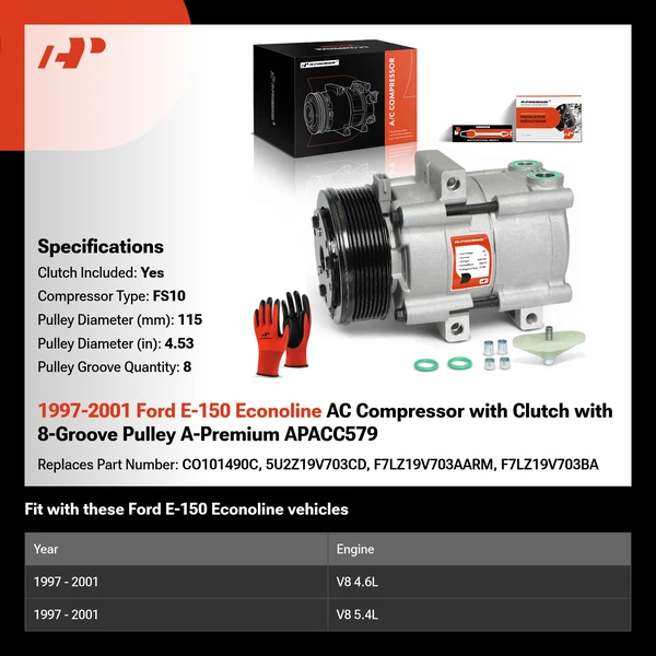1997-2001 Ford E-150 Econoline AC Compressor with Clutch with 8-Groove Pulley A-Premium APACC579